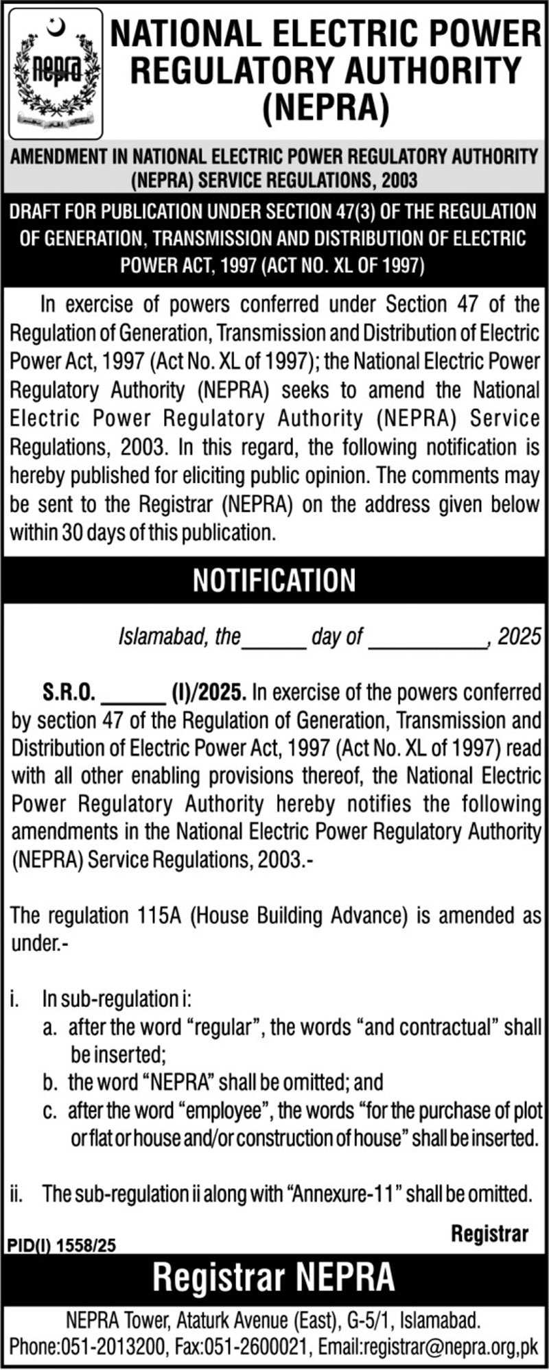 National Electric Power Regulatory Authority Tender Notice